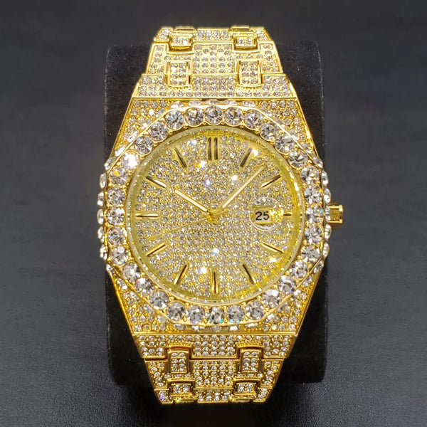 Dropshipping Men Watch Cool Diamond Ice Out Gold Quartz Wristwatch